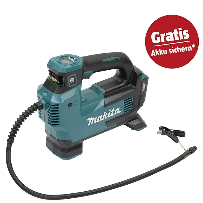 Makita XGT 40V max. Akku-Kompressor MP001GZ - 40 V, Ohne Akku, 11,1 bar - Makita Akku-Luftpumpe/Inflator in Türkis und Schwarz, mit flexiblem Schlauch und Ventiladapter.