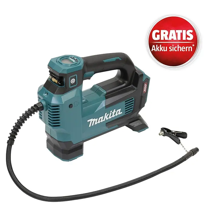 Makita XGT 40V max. Akku-Kompressor MP001GZ - 40 V, Ohne Akku, 11,1 bar - Makita Akku-Luftpumpe/Inflator in Türkis und Schwarz, mit flexiblem Schlauch und Ventiladapter.