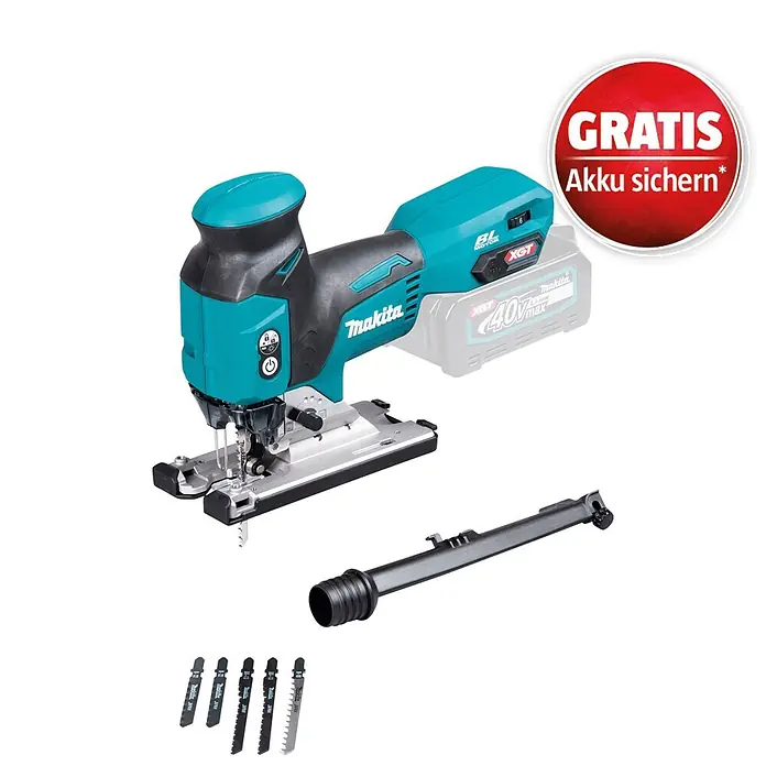 Makita XGT 40V max. Akku-Pendelhubstichsäge JV001GZ - 40 V, Ohne Akku, Leerlaufhubzahl: 800 /min - 3.500 /min - Türkise und schwarze Makita Akku-Stichsäge mit Akku, Staubadapter und Sägeblättern.