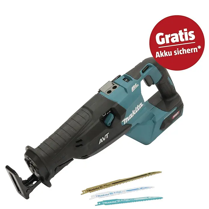 Makita XGT 40V max. Akku-Säbelsäge JR002GZ - 40 V, Ohne Akku, Leerlaufhubzahl: 3.000 /min - Türkise Makita XGT Akku-Säbelsäge mit AVT, bürstenlosem Motor, drei Sägeblättern und rotem Aktionssticker für gratis Akku.