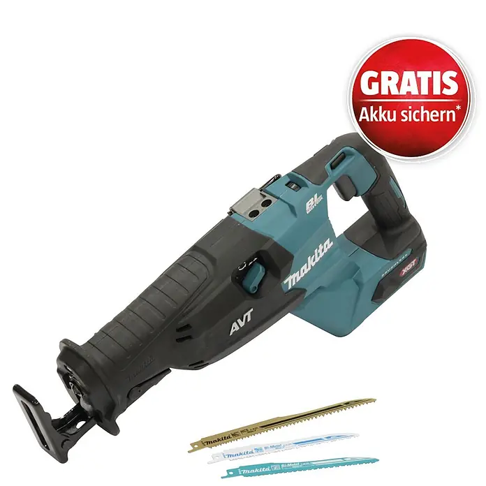 Makita XGT 40V max. Akku-Säbelsäge JR002GZ - 40 V, Ohne Akku, Leerlaufhubzahl: 3.000 /min - Türkise Makita XGT Akku-Säbelsäge mit AVT, bürstenlosem Motor, drei Sägeblättern und rotem Aktionssticker für gratis Akku.