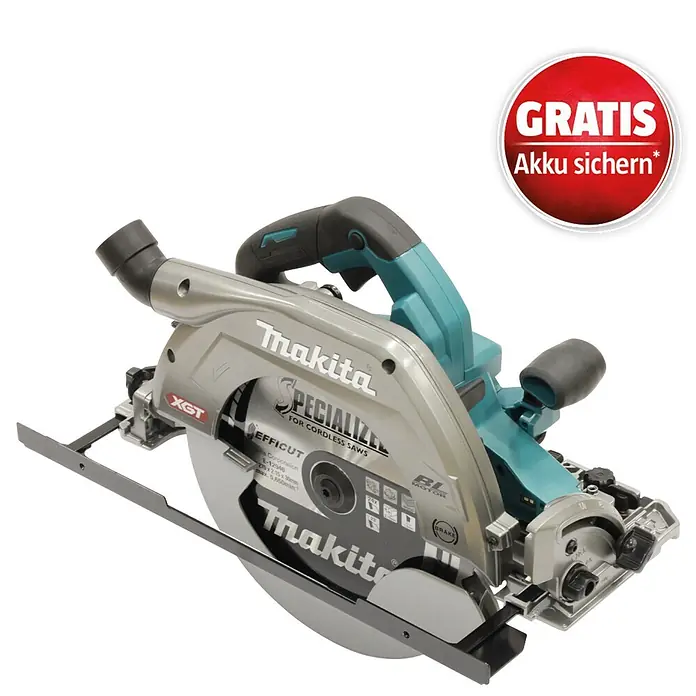 Makita XGT 40V max. Akku-Handkreissäge HS011GZ - 40 V, Ohne Akku, Durchmesser Sägeblatt: 260 mm - 270 mm, 3.500 U/min - Makita Akku-Handkreissäge in Silber und Türkis mit rotem 'GRATIS Akku sichern*' Hinweis.
