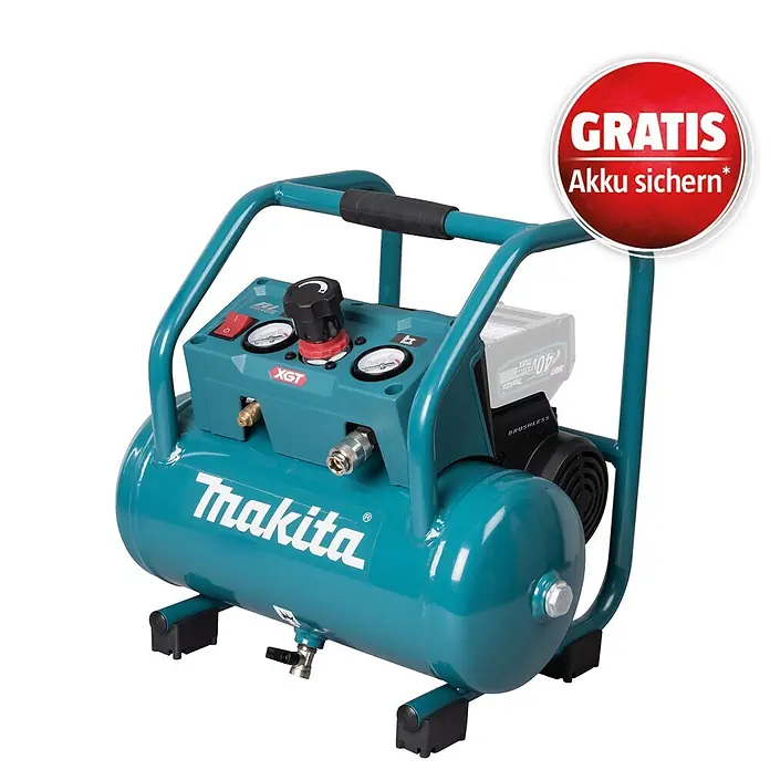 Makita XGT 40V max. Akku-Kompressor AC001GZ - 40 V, Ohne Akku, 9,3 bar - Türkiser Makita Akku-Kompressor mit Manometern, schwarzem Griff, 40V XGT Akku und rotem "GRATIS Akku sichern*" Hinweis.