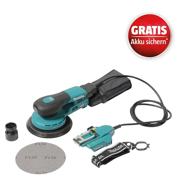 Makita XGT 40V max. Akku-Exzenterschleifer BO002CGZ - 40 V, Ohne Akku, Durchmesser Schleifteller: 150 mm - Makita Exzenterschleifer in Türkis/Schwarz mit Staubbeutel, Netzteil, Schleifscheiben und Umhängeband.