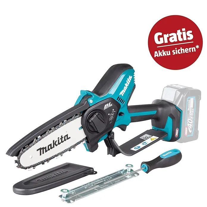 Makita XGT 40V max. Akku-Astsäge UC029GZ - 40 V, Li-Ionen, Ohne Akku, Schwertlänge: 150 mm - Türkise und schwarze Makita Mini-Kettensäge mit Akku, Kettenschutz, Feilenführung und Schraubendreher.