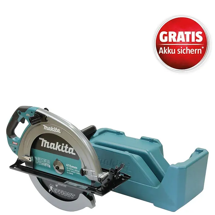 Makita XGT 40V max. Akku-Handkreissäge HS013GZ - 40 V, Ohne Akku, Durchmesser Sägeblatt: 415 mm, 2.100 U/min - Türkise und silberne Makita Kreissäge mit passender Führung und rotem Aufkleber „GRATIS Akku sichern*“.