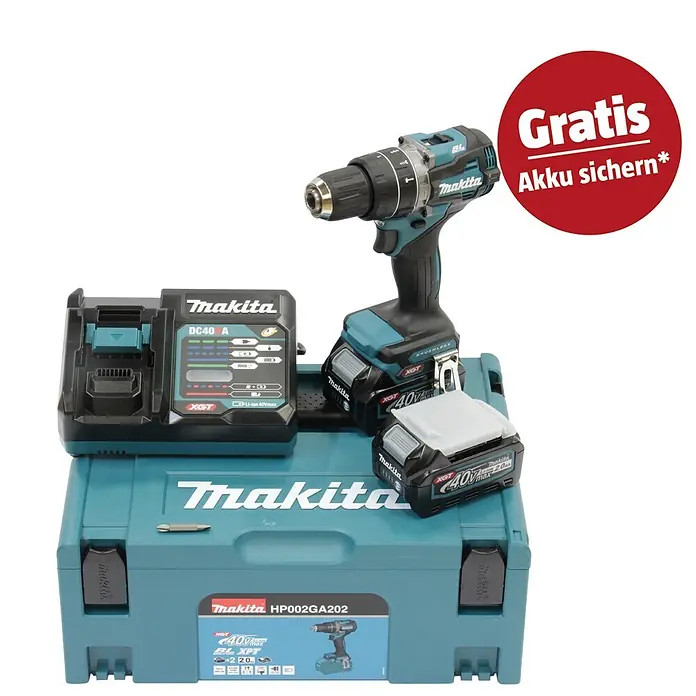Makita XGT 40V max. Akku-Schlagbohrschrauber HP002GA202 - 40 V, 2 Akkus, 2 Ah, 64 Nm - Makita Akku-Bohrschrauber-Set in Türkis mit zwei 40V Akkus, Ladegerät und Transportkoffer. Inklusive „GRATIS Akku sichern*“ Angebot.