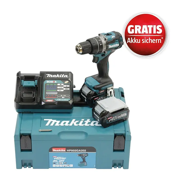 Makita XGT 40V max. Akku-Schlagbohrschrauber HP002GA202 - 40 V, 2 Akkus, 2 Ah, 64 Nm - Makita Akku-Bohrschrauber-Set in Türkis mit zwei 40V Akkus, Ladegerät und Transportkoffer. Inklusive „GRATIS Akku sichern*“ Angebot.