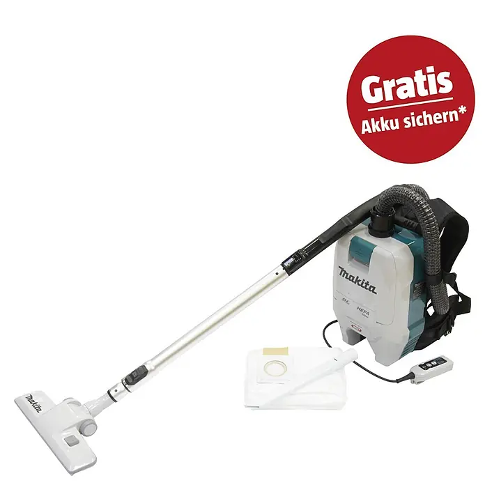 Makita XGT 40V max. Akku-Rucksackstaubsauger VC008GZ - 40 V, Ohne Akku, Behältervolumen: 2 l - Makita Rucksackstaubsauger in Weiß/Türkis mit silberner Stange, Bodendüse und Staubbeutel, plus "GRATIS Akku" Aufkleber.