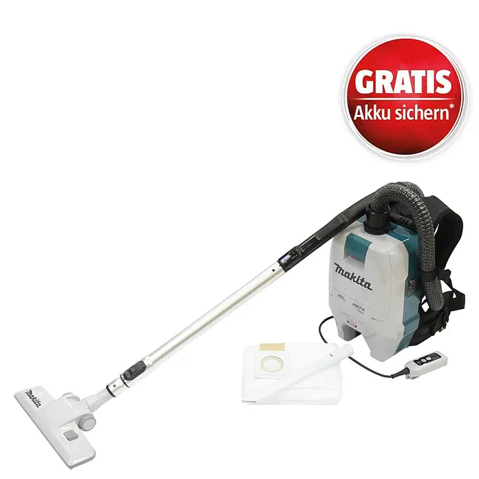 Makita XGT 40V max. Akku-Rucksackstaubsauger VC008GZ - Anzahl Akkus: Ohne Akku, Behältervolumen: 2 l - Makita Rucksackstaubsauger in Weiß/Türkis mit silberner Stange, Bodendüse und Staubbeutel, plus "GRATIS Akku" Aufkleber.