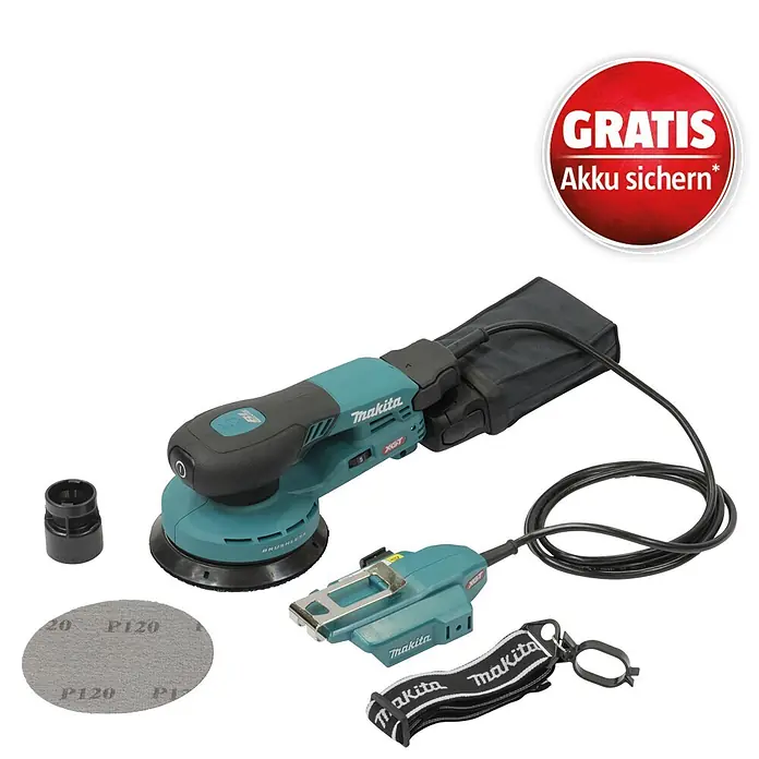 Makita XGT 40V max. Akku-Exzenterschleifer - 40 V, Ohne Akku, Durchmesser Schleifteller: 125 mm - Türkis-schwarzer Makita Exzenterschleifer, Staubbeutel, Netzteil, Gurt, Schleifscheibe, Düse. Inklusive „Gratis Akku sichern“ Emblem.