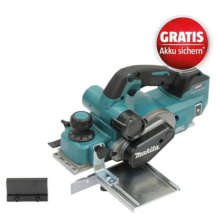 Makita XGT 40V max. Akku-Hobel KP001GZ - 40 V, Ohne Akku, Falztiefe: 0 mm - 25 mm, Leerlaufdrehzahl: 15.000 U/min - Türkisfarbener und schwarzer Makita Akku-Hobel mit Tiefeneinstellung, Seitenführung und Zubehör.
