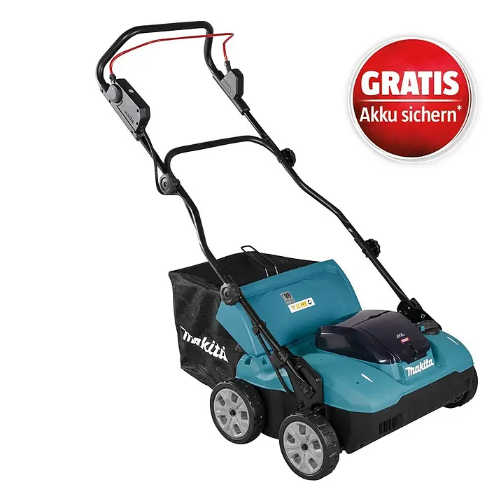 Makita XGT 40V max. Akku-Vertikutierer UV001GZ - Anzahl Akkus: Ohne Akku, 40 V, Arbeitsbreite: 38 cm - Makita Akku-Rasenmäher in Türkis-Schwarz mit Grasfangsack und rotem Aktionsaufkleber.