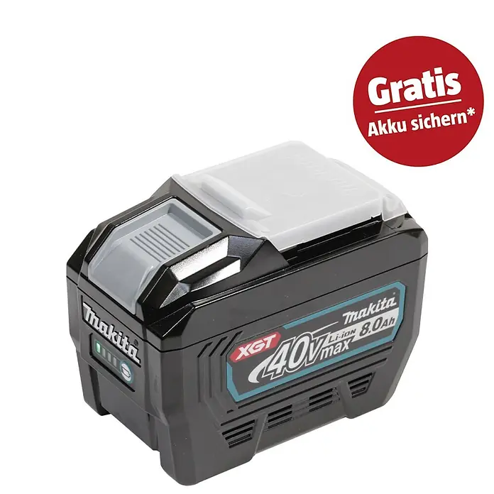 Makita XGT 40V max. Akku BL4080F - 40 V, 8 Ah, Li-Ionen - Schwarzer und grauer Makita XGT 40Vmax Li-ion 8.0Ah Akku mit rotem 'GRATIS Akku sichern*' Aufkleber.