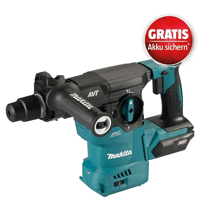 Makita XGT 40V max. Akku-Kombihammer HR008GZ - 40 V, Ohne Akku, 3,9 J - Türkis-schwarzer Makita Akku-Bohrhammer mit Seitenhandgriff. Roter Hinweis "GRATIS Akku sichern*".