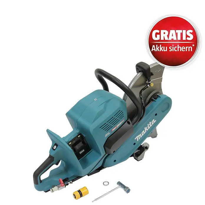 Makita XGT 40V max. Akku-Trennschleifer - Ohne Akku, 5.300 U/min - Teal Makita Akku-Trennschleifer mit Diamantblatt, Schlauchanschluss, Ventil, Schraubenschlüssel und "GRATIS Akku sichern*"-Aufkleber.