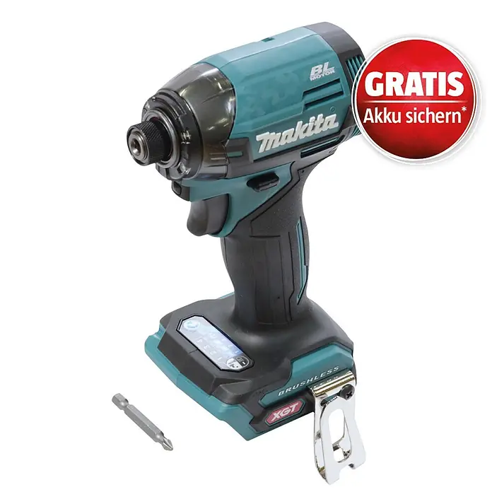 Makita XGT 40V max. Akku-Schlagschrauber TD002GZ01 - 40 V, Ohne Akku, 220 Nm - Türkiser und schwarzer Makita Schlagschrauber mit XGT bürstenlosem Motor, Gürtelclip, Schrauberbit und rotem Gratis-Akku-Sticker.