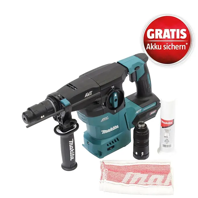 Makita XGT 40V max. Akku-Kombihammer HR009GZ - 40 V, Ohne Akku, 3,9 J - Makita Bohrhammer in Schwarz-Türkis mit Zusatzhandgriff, Bohrfutter, Schmiermittel, Aktionsaufkleber und Tuch.