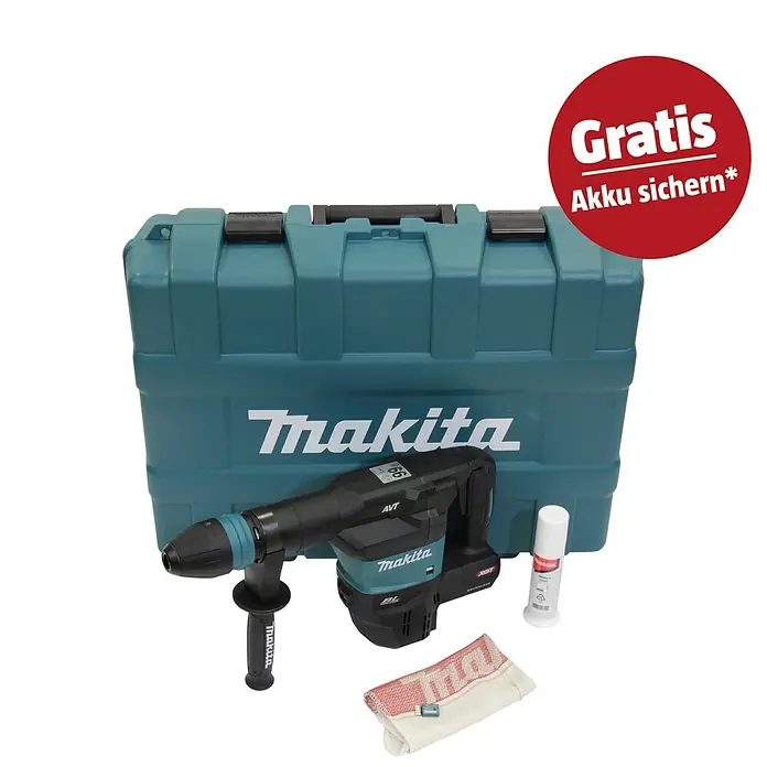 Makita XGT 40V max. Akku-Kombihammer HM001GZ02 - 40 V, Ohne Akku, 9,4 J - Makita Bohrhammer-Set in Türkis und Schwarz mit Koffer, Tuch und Fetttube, inklusive „GRATIS Akku sichern*“-Aufkleber.