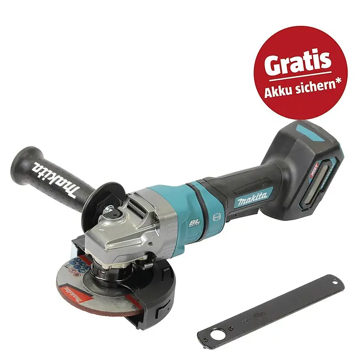 Makita XGT 40V max. Akku-Winkelschleifer GA050GZ - 40 V, Ohne Akku, Durchmesser Scheibe: 125 mm - Makita Akku-Winkelschleifer in Schwarz, Blau und Silber, mit Scheibe, Zusatzhandgriff und Spannschlüssel.