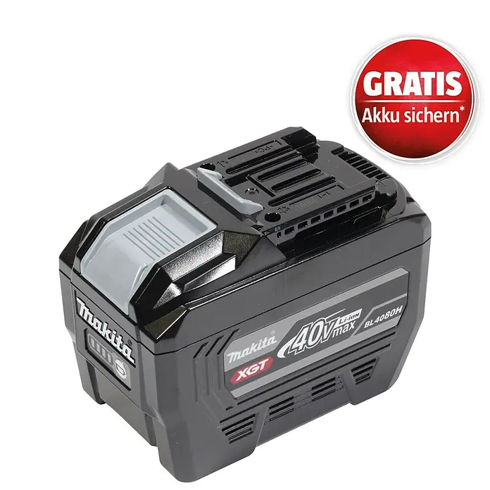 Makita XGT 40V max. Akku BL4080H - 40 V, 8 Ah - Schwarzer Makita XGT 40Vmax Li-ion Akku BL4080H mit grauer Oberseite.