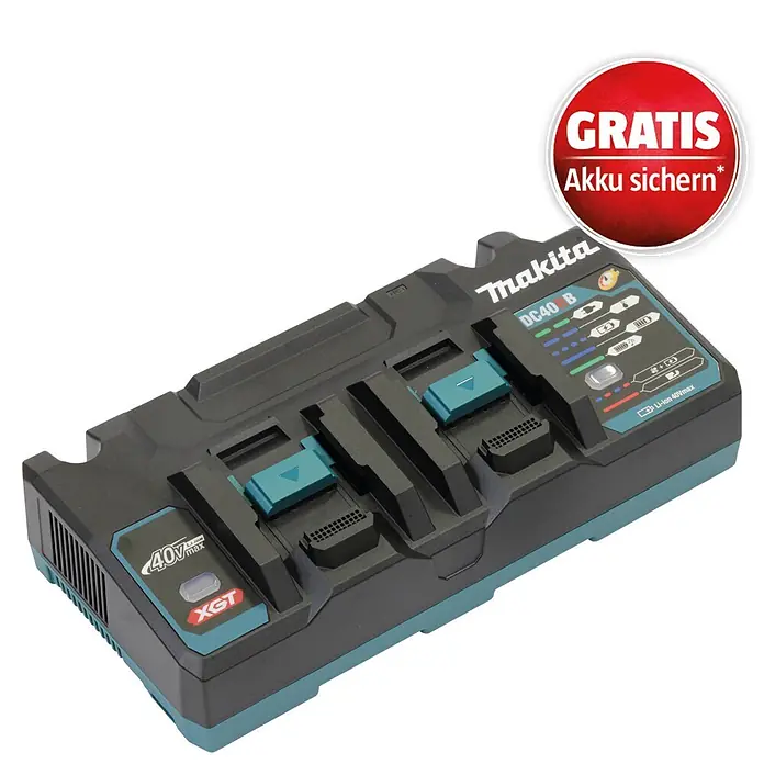 Makita XGT 40V max. Batterie-Ladegerät Doppel-Schnellladegerät - 40 V - Schwarzes und türkises Makita DC40B Doppel-Ladegerät für 40Vmax XGT Li-ion Akkus.