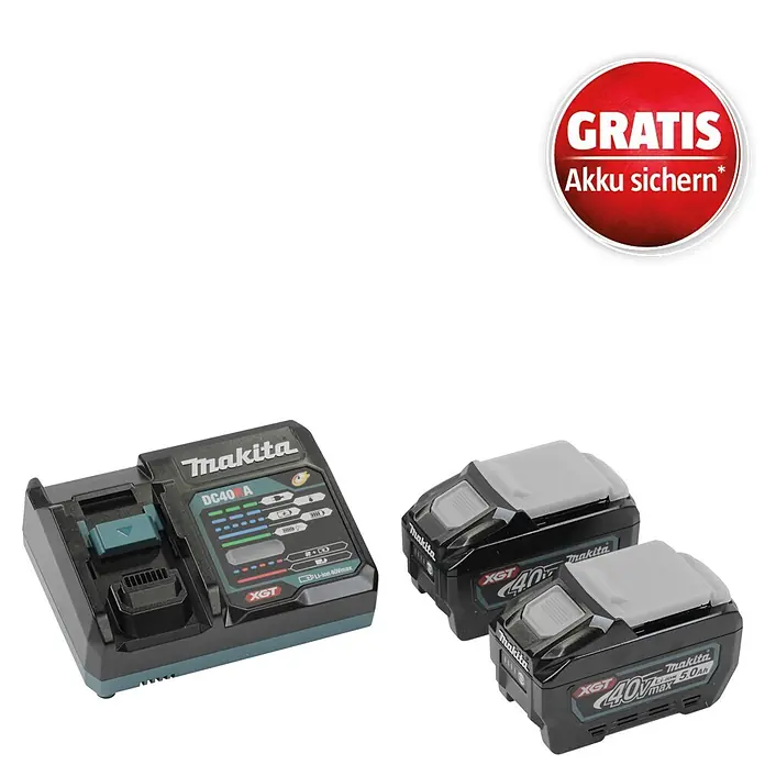 Makita XGT 40V max. Akku & Ladegerät Power Source Kit 1911V6-0 - 40 V, 2 Akkus, 5 Ah - Makita DC40RA Ladegerät und zwei schwarze/graue 40Vmax XGT Li-ion 5.0Ah Akkus. Eine Aktion bietet einen Gratis-Akku.