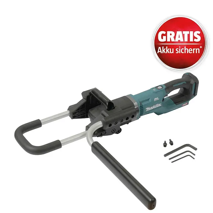 Makita Akku-Erdbohrer DG002GZ - 40 V, Li-Ionen, Ohne Akku - Makita Werkzeug türkis-schwarz mit U-förmigem Griff und Zubehör. Inklusive "Gratis Akku sichern" Aktion.