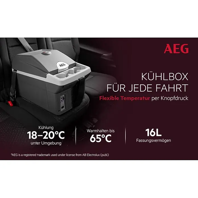AEG Kühlbox BK16 - Fassungsvermögen: 16 l, 3 Getränkehalter, Schwarz - Grau-weiße AEG Kühlbox auf einem Autositz, 16L Fassungsvermögen zum Kühlen oder Wärmen von Inhalten.