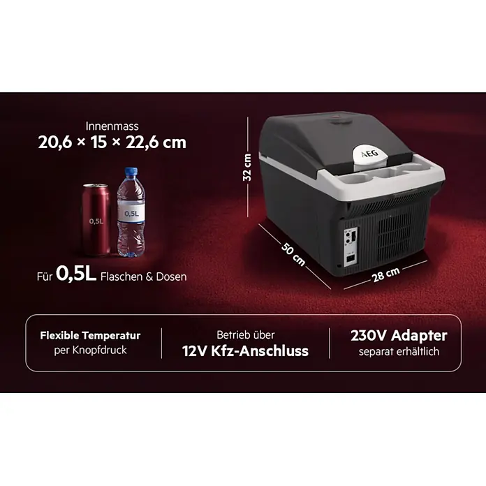 AEG Kühlbox BK16 - Fassungsvermögen: 16 l, 3 Getränkehalter, Schwarz - Dunkelgraue und weiße tragbare Kühlbox mit Maßen, passend für 0,5L Flaschen und Dosen.