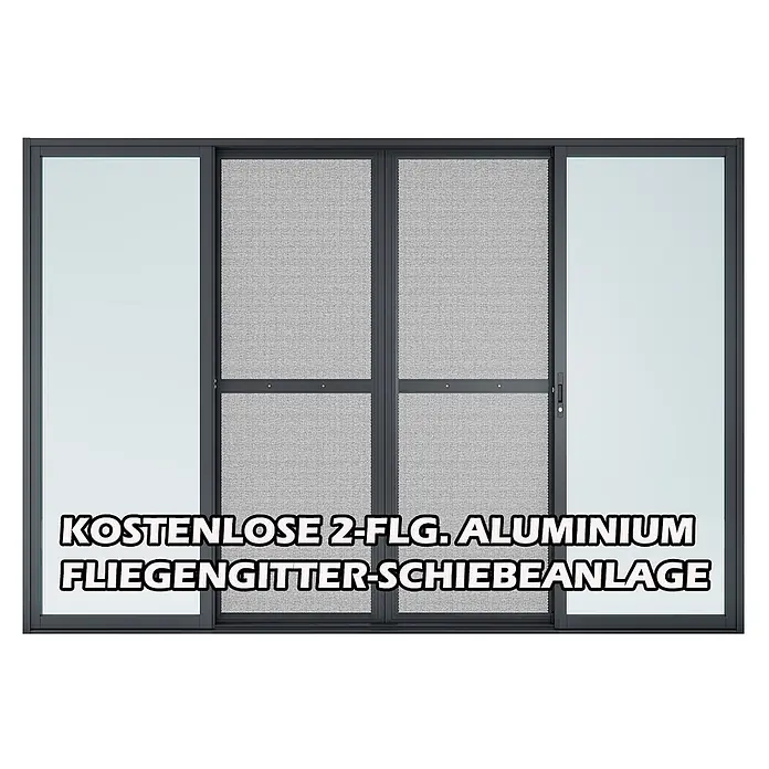 Fjordholz Gartenhaus Office IsoSlide 9 VD - Außenmaß inkl. Dachüberstand (B x T): 662,2 x 351,6 cm, Holz, Naturbelassen - Graues Aluminium-Schiebetürsystem mit zwei Glas- und zwei Fliegengitter-Schiebeelementen.