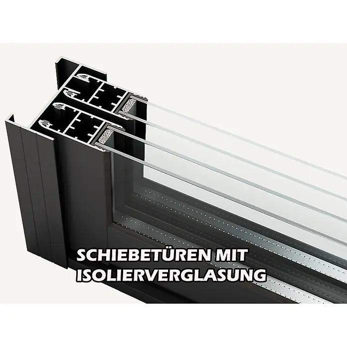 Fjordholz Gartenhaus Office IsoSlide 6 - Außenmaß inkl. Dachüberstand (B x T): 623 x 448 cm, Holz, Naturbelassen - Querschnitt eines dunklen Metall-Schiebetürrahmens mit Isolierverglasung, der seine innere Struktur zeigt.
