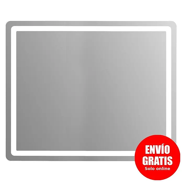 Espejo con luz Bruma - 120 x 70 cm, Blanco frío - Espejo LED rectangular con esquinas redondeadas, borde iluminado y un adhesivo rojo de 'ENVÍO GRATIS'.