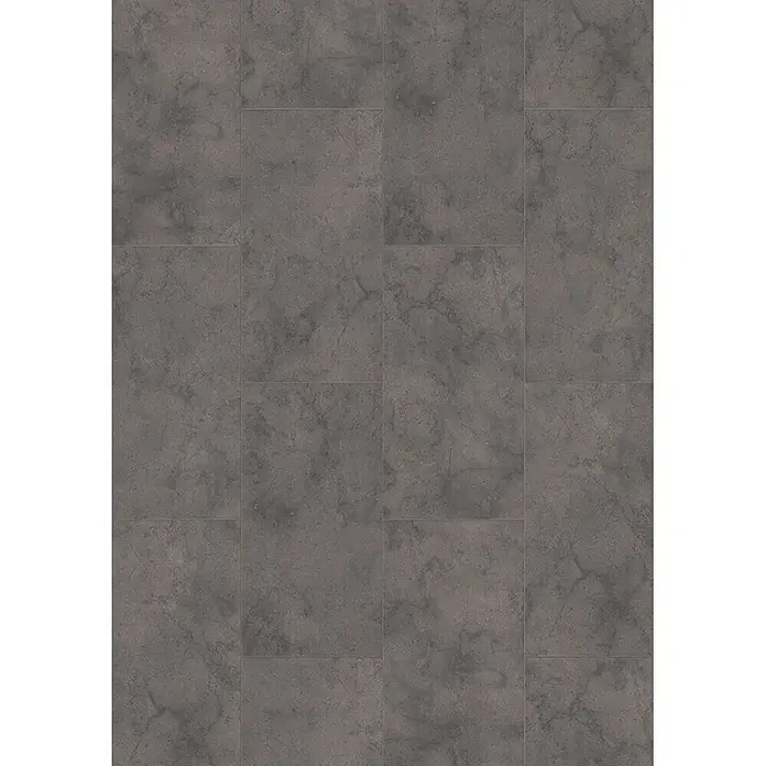 Krono Original Laminat Atlantic 8 - Fossil Arosa, 638 x 330 x 8 mm - Dunkelgraue, rechteckige Bodenfliesen mit subtiler Beton- oder Steinoptik, im Verband verlegt.