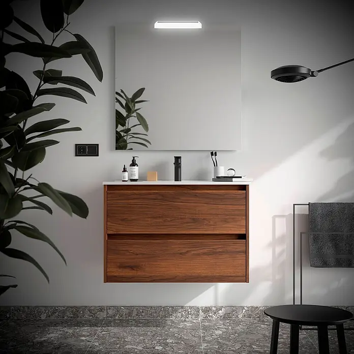 Salgar Badmöbel-Set Noja Komplett-Set 900 2 Schubladen Nussbaum - Gesamtbreite Badmöbel: 4,5 cm, Braun - Wandhängender Waschtischunterschrank aus Holz mit weißer Platte und schwarzem Wasserhahn, zwei Schubladen.
