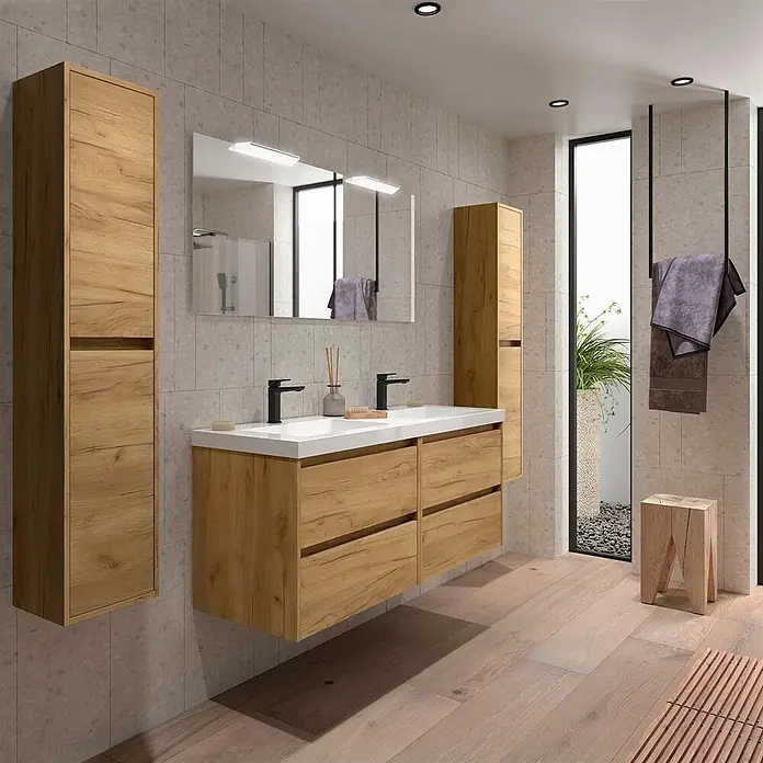 Salgar Badmöbel-Set Salgar - Gesamtbreite Badmöbel: 4,5 cm, Eiche Afrika - Modernes Badezimmermöbelset aus Holz mit zwei Hochschränken und einem Doppelwaschtisch mit weißen Waschbecken, das viel Stauraum bietet.