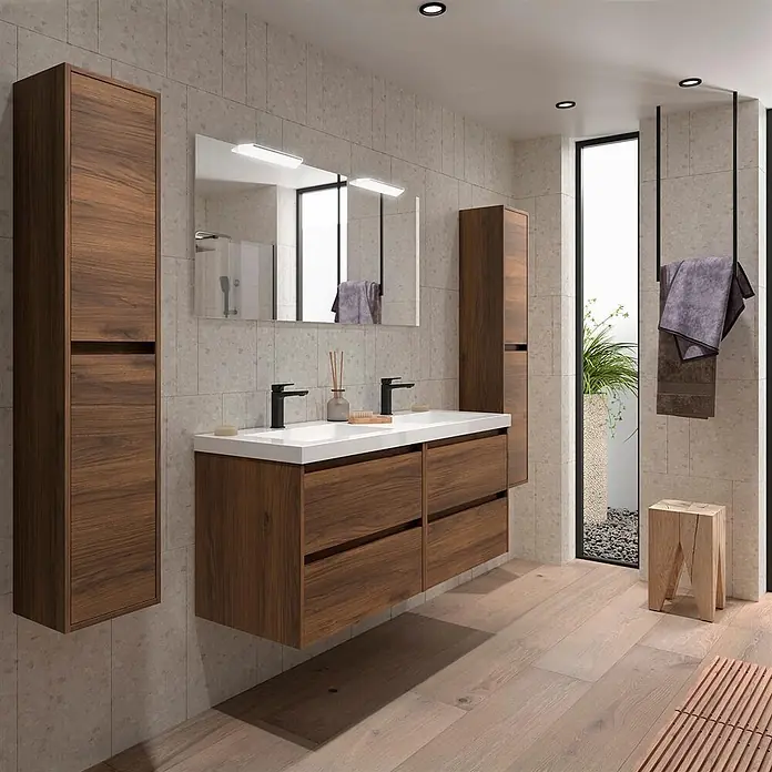 Salgar Badmöbel-Set Noja Komplett-Set 1400 4 Schubladen Nussbaum - Gesamtbreite Badmöbel: 4,5 cm, Braun - Modernes Doppelwaschtisch-Set aus dunklem Holz mit weißen Waschbecken und passenden Hochschränken im Bad.