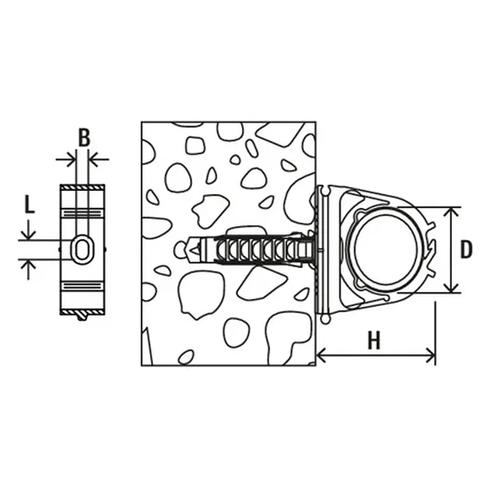 Fischer Klemmschelle Verschlussclip SCN - 25 mm, 100 Stk. - Rohrhalterung mit Dübel an einer Betonwand befestigt, ein Rohr haltend. Abmessungen B, L, D, H sind angegeben.