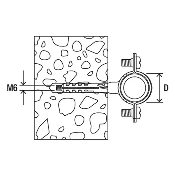 Fischer Klemmschelle Schraubabstandsschelle AM - Metall, Silber, 50 Stk., 28 mm - Technische Zeichnung einer Rohrschelle mit M6 Spreizdübel zur Wandmontage, zeigt Rohrdurchmesser D.