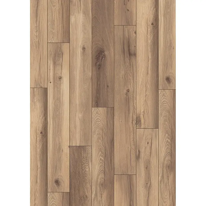Krono Original Laminat Classic Silent Eco - Wild West Oak, Landhausdiele, 1.288 x 195 x 9 mm - Heller brauner Dielenboden aus Holz mit natürlicher Maserung und feinen Ästen.