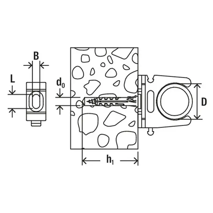 Fischer Klemmschelle Rohrclip RC IEC Spannbereich 24-26 mm - 25 mm, 50 Stk. - Schema eines Spreizdübels mit Schraube, in einer Wand montiert dargestellt. Wichtige Einbaumaße sind angegeben.