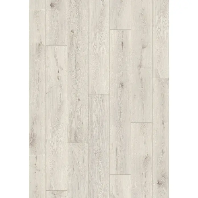 Krono Original Laminat Comfort Silent Cork - Chantilly Oak, Landhausdiele, 1.288 x 195 x 8 mm - Helle Holzfußbodenplatten mit natürlicher Maserung und Ästen, in versetztem Muster verlegt.