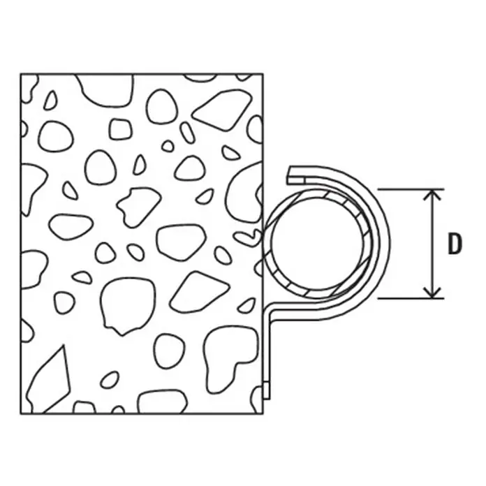 Fischer Klemmschelle Befestigungsschelle BSM 22 - 22 mm, Stahl, 50 Stk. - Querschnitt einer Rohrschelle (P-Klemme), die ein Kabel oder Rohr hält, eingebettet in betonähnlichem Material. Maß D kennzeichnet den Außendurchmesser.