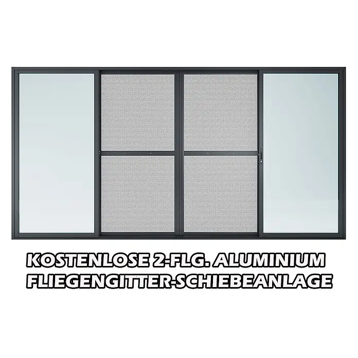 Fjordholz Gartenhaus Office IsoSlide 6 - Außenmaß inkl. Dachüberstand (B x T): 623 x 448 cm, Holz, Naturbelassen - Dunkelgraue Aluminium 2-flügelige Fliegengitter-Schiebeanlage mit Glasaußenseiten.