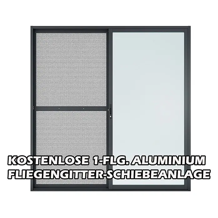 Fjordholz Gartenhaus Office IsoSlide 6 - Außenmaß inkl. Dachüberstand (B x T): 623 x 448 cm, Holz, Naturbelassen - Dunkelgraue Aluminium-Schiebetür mit integriertem Fliegengitter und Glaspaneel.
