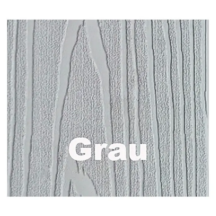 Fjordholz Gartenhaus Cubus Lounge 16,25 m² - Außenmaß inkl. Dachüberstand (B x T): 570 x 285 cm, Aluminium, Schwarz / Grau - Helle, graue Oberfläche mit Holzmaserung und der Aufschrift „Grau“.