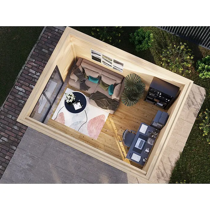 Fjordholz Gartenhaus Office IsoSlide 3 - Außenmaß inkl. Dachüberstand (B x T): 448 x 352 cm, Holz, Naturbelassen - Holz-Gartenzimmer mit Sofa und Schreibtisch, vielseitiger Wohn- und Arbeitsbereich im Freien.