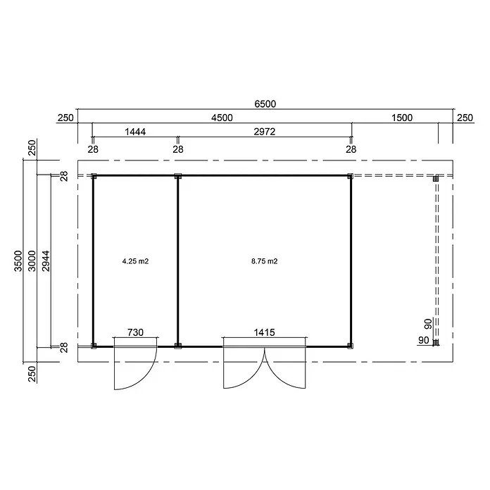 Fjordholz Gartenhaus Alu Line 28-G Classic Style Klarglas - Außenmaß inkl. Dachüberstand (B x T): 650 x 350 cm, Holz, Kiefer/Pinie Imprägnierung - Grundriss mit Maßen und Raumflächen eines Gebäudes mit zwei Zimmern und Veranda. Gesamtlänge 6500mm, Breite 3500mm.