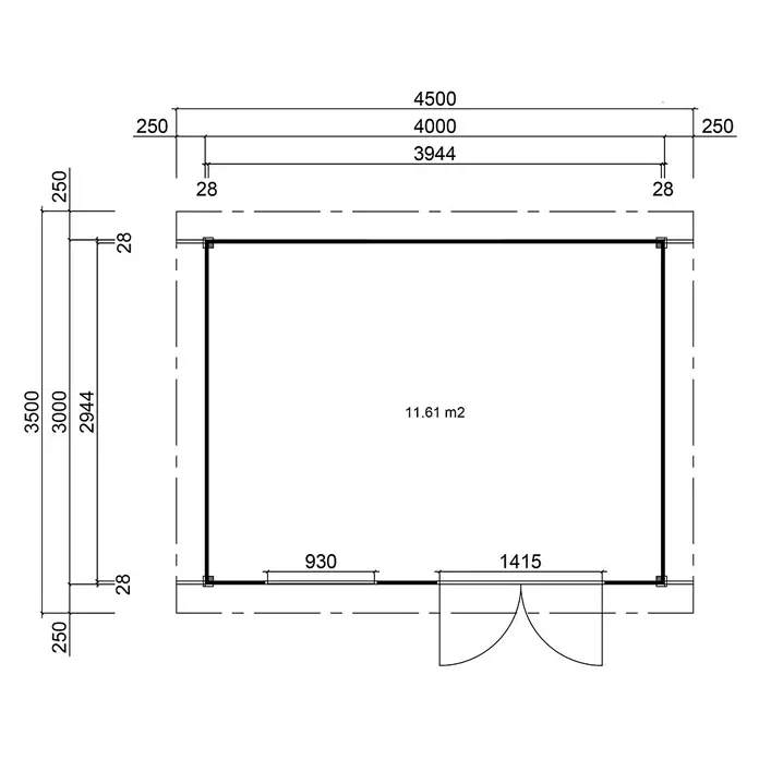 Fjordholz Gartenhaus Alu Line 28-D - Außenmaß inkl. Dachüberstand (B x T): 450 x 350 cm, Holz, Naturbelassen - Grundriss mit detaillierten Maßen für ein rechteckiges Gebäude, inkl. Außen- und Innenmaßen, einer Fläche von 11,61 m² und einer Türöffnung.