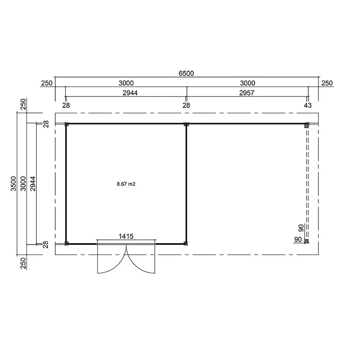 Fjordholz Gartenhaus Alu Line 28-C - Außenmaß inkl. Dachüberstand (B x T): 650 x 350 cm, Holz, Naturbelassen - Grundrisszeichnung mit Maßen von 6500x3500mm und einer Hauptfläche von 8,67m2, inklusive Doppeltür.